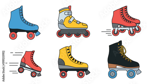 Colorful array of quad roller skates and inline rollerblades ideal for depicting sports, active leisure, and fun.