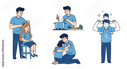 Set of cartoon illustrations depicting a father interacting with his children.