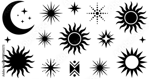Collection of mystical black silhouette celestial and spiritual symbols including suns, moons, and stars.