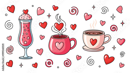 Charming assortment of romantic hot drinks and sweet cold beverages adorned with hearts and decorative swirls provides lovely holiday imagery
