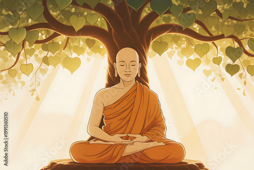 Buddha meditating under heart shaped leaf tree