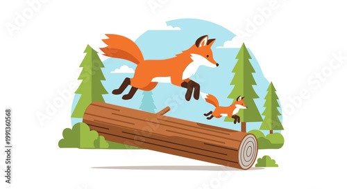 Cartoon fox and cub jumping over a large wooden log.