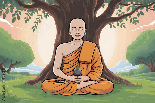 Buddhist monk meditating under tree in serene natural landscape