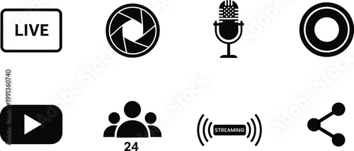Live streaming media icons set editable stroke icon vector illustration for broadcasting video and communication