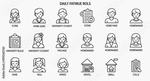 Line art icons depicting various daily roles and people, including students, homemakers, and generic figures, with some abstract symbols.
