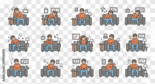 A collection of illustrations showing a man sitting on a sofa and reacting to his smartphone with various emotions and expressions.