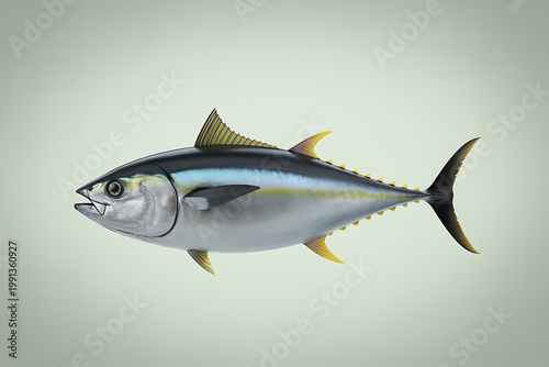 A realistic image of a Yellowfin Tuna on a green background