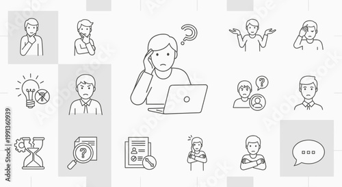 Collection of line art icons illustrating various states of confusion, problem-solving, questioning, and thinking processes in business and daily life.