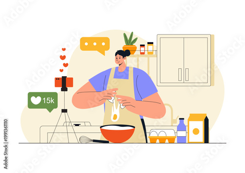 Cooking Blog Illustration Online Food Content Creator With Kitchen Setup Camera Live Streaming Recipe Tutorial and Social Media Engagement Design