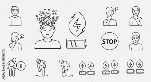 Line art icons depicting various human symptoms, fatigue, stress, pain, and mental health issues.