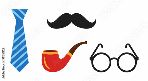 Set of classic gentleman accessories featuring a tie mustache pipe and glasses.