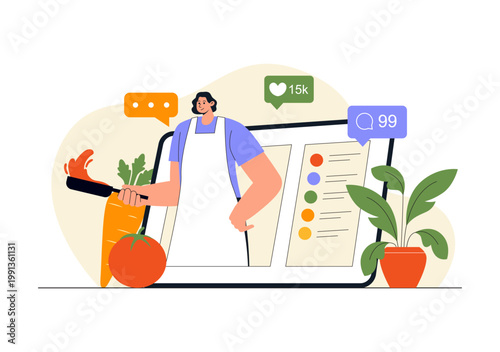 Cooking Blog Illustration Online Food Content Creator With Kitchen Setup Camera Live Streaming Recipe Tutorial and Social Media Engagement Design