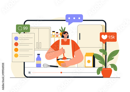 Cooking Blog Illustration Online Food Content Creator With Kitchen Setup Camera Live Streaming Recipe Tutorial and Social Media Engagement Design