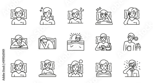 A collection of line art icons depicting various sleep states, waking moments, and common sleep-related issues such as insomnia, restlessness, and morning fatigue.