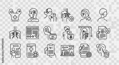 Collection of medical and healthcare line icons depicting human anatomy, conditions, and diagnostic tools.