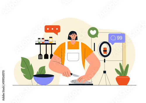 Cooking Blog Illustration Online Food Content Creator With Kitchen Setup Camera Live Streaming Recipe Tutorial and Social Media Engagement Design