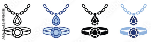 Elegant necklace and ring jewelry icons with precious gemstones perfect for fashion or ecommerce applications
