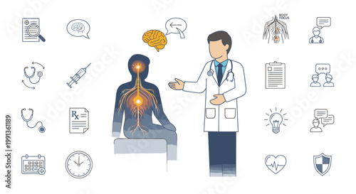 Medical consultation with a doctor and patient discussing neurological health, surrounded by various healthcare and diagnostic icons.