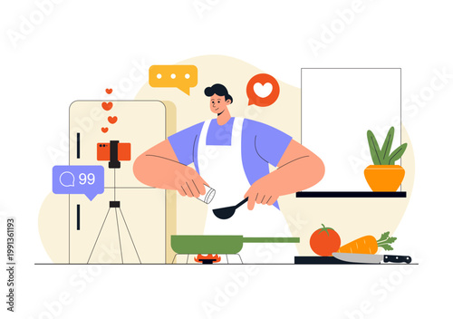 Cooking Blog Illustration Online Food Content Creator With Kitchen Setup Camera Live Streaming Recipe Tutorial and Social Media Engagement Design