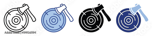 Axe and wood log icon set depicting woodcutting and logging, suitable for forestry and lumber projects