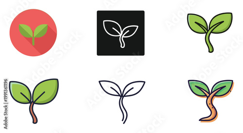 Collection of vibrant seedling icons representing organic nature and sustainable development for ecology and gardening projects