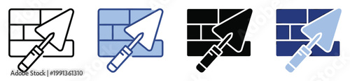 Professional masonry trowel and brick wall construction icon set perfect for building industry applications and renovation project graphics