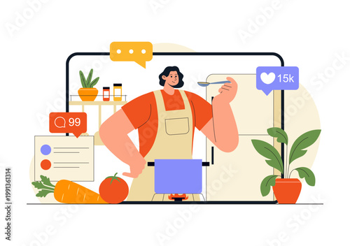 Cooking Blog Illustration Online Food Content Creator With Kitchen Setup Camera Live Streaming Recipe Tutorial and Social Media Engagement Design