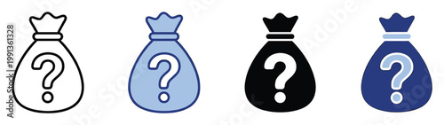 Money bag question mark icons symbolizing unknown financial value or mystery prize for business and game applications.