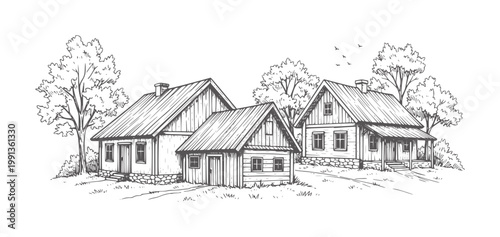 Rustic village scene with three wooden houses and trees rural architecture