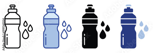 Collection of sports hydration bottle and water droplets icons perfect for health, fitness, and active lifestyle digital projects