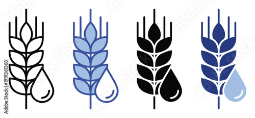 Wheat ear and water drop icons for agriculture, organic food, and farming industry branding applications