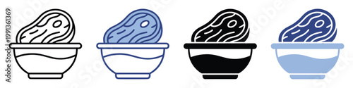 Meat marinating icon showing a steak in a bowl with liquid, useful for culinary apps and recipe guides.