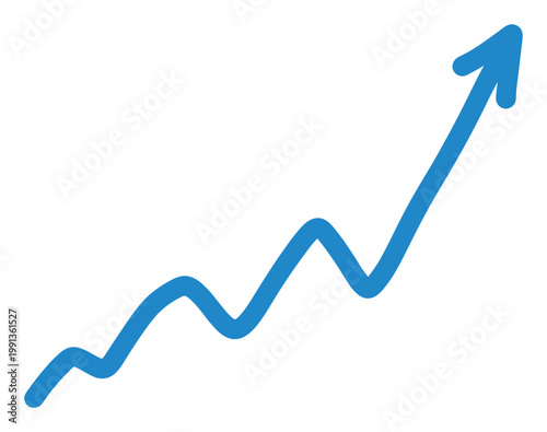 Blue arrow line with an upward curve representing positive progress and growth for business and financial reports.