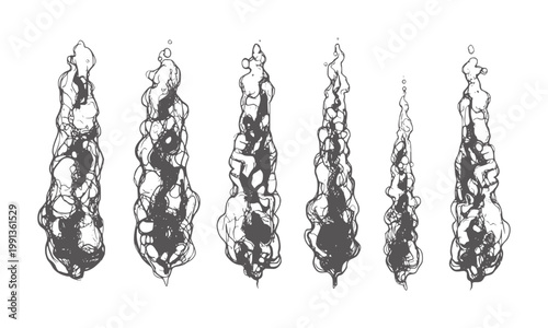 Six abstract dark grey swirling smoke plumes white