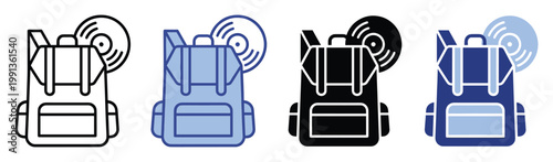 Backpack with vinyl record icon symbolizing music and travel adventure perfect for application interface and graphic design