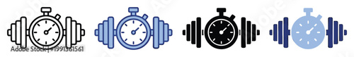 Fitness stopwatch and dumbbell icon set symbolizing workout timing and strength training for health and exercise applications