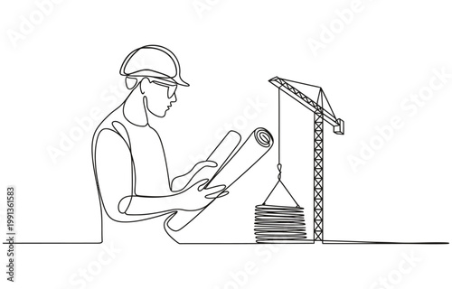 Continuous line drawing of foreman constructor engineer technician mechanic wearing safety helmet and holding blueprint paper design.