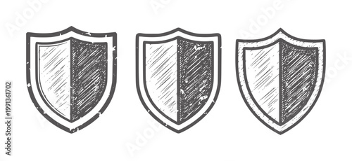 Three sketched shields with distressed texture and split color security protection