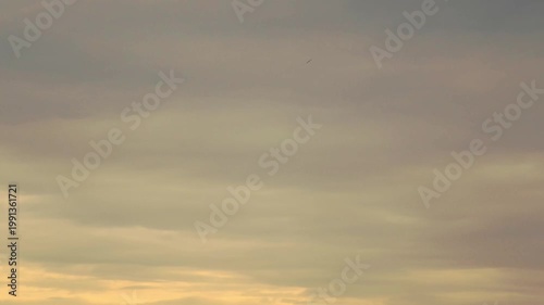 Timelapse moody sunset sky with soft golden clouds. Atmospheric background for nature, weather, or travel themes