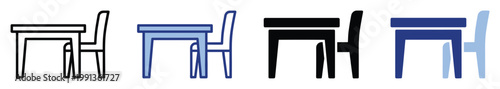 Table and chair icons in outline and filled styles, perfect for digital furniture representation in various applications.