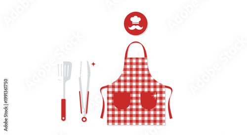 Chef apron with grill tongs and spatula icon set.