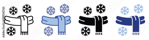 Winter season weather accessory icon set featuring cozy scarf and falling snowflakes for app or website graphics