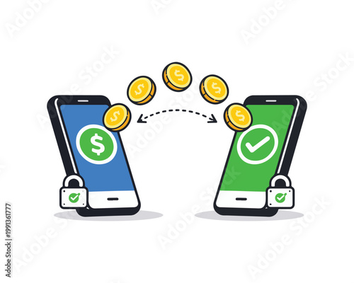 Peer to Peer Mobile Money Transfer Between Smartphones Secure Digital Payment Flat Vector Illustration