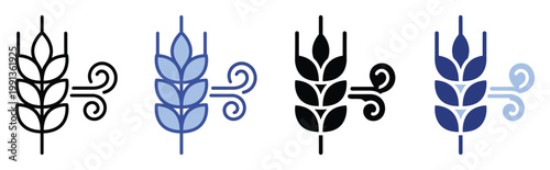 Wheat grain ear and wind icon symbolizing agriculture and weather, ideal for applications and website graphics.