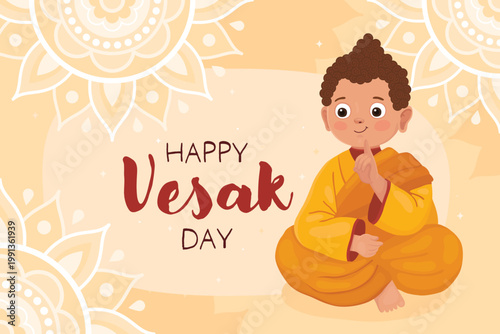 Happy Vesak day, card for buddhist holiday. Cute character, smiling little boy Buddhist monk in brown clothes, Buddha points his finger up.	