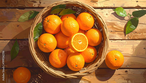 Fresh Ripe Oranges in Wicker Basket on Wooden Table