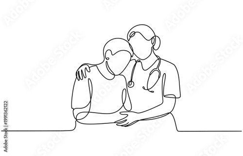 Continuous one line drawing of young nurse comforting elderly woman, elderly health care concept.