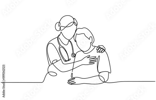 Continuous one line drawing of young nurse comforting elderly woman, elderly health care concept.