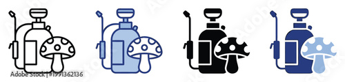Garden fungicide sprayer and mushroom icon set for agricultural chemical application and plant protection