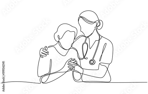 Continuous one line drawing of young nurse comforting elderly woman, elderly health care concept.